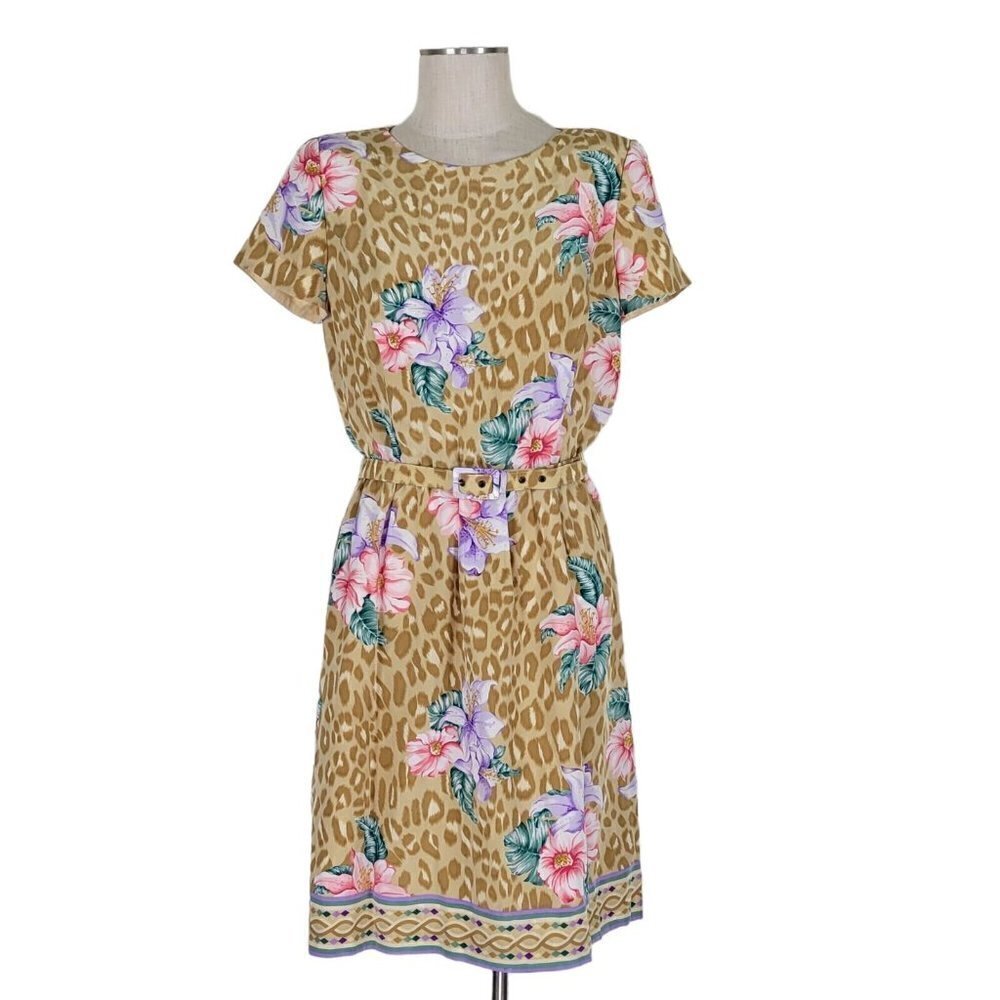 Adrianna Papell Silk Dress Size 14 Floral Short Sleeve Lined Belt Zipper Vintage